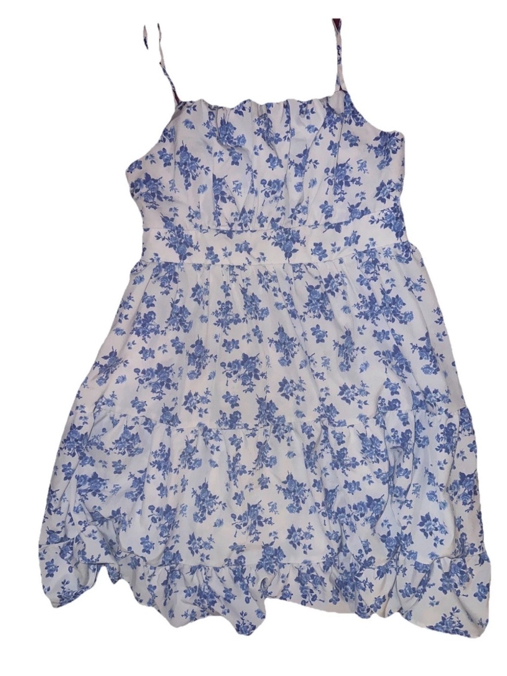 White and Blue Floral Mini Dress with Spaghetti Straps